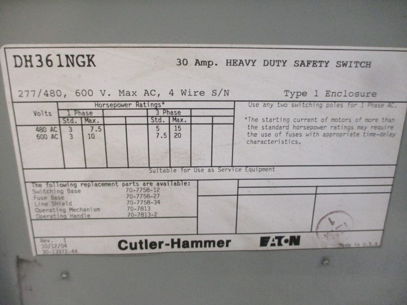 EATON DH361NGK 600VAC 30A UNMP