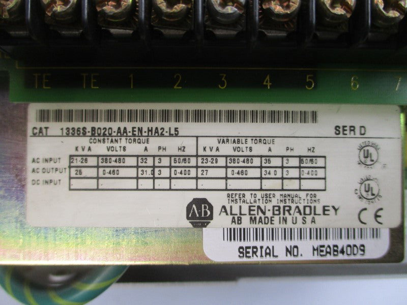 ALLEN BRADLEY 1336S-B020-AA-EN-HA2-L5 SER. D 380-480VAC 32/36A (AS PICTURED) UNMP