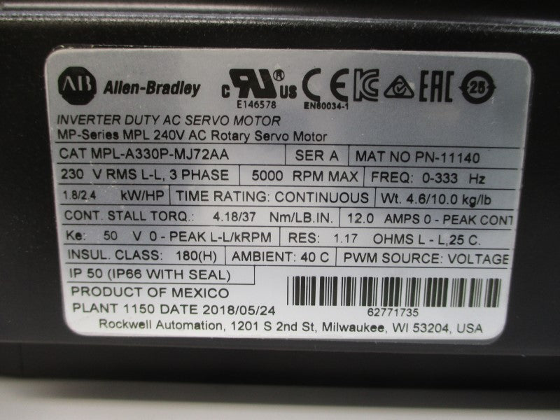 ALLEN BRADLEY MPL-A330P-MJ72AA SER. A 240VAC 12.0A NSMP