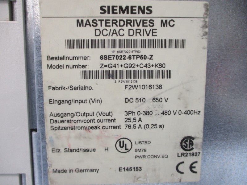 SIEMENS 6SE7022-6TP50-Z 510-650V 76.5A UNMP