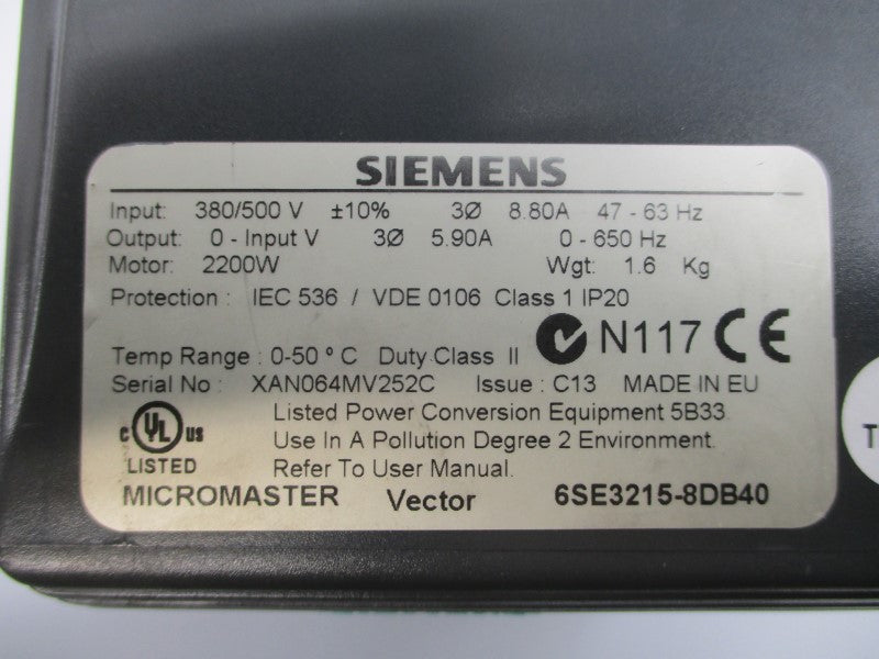 SIEMENS 6SE3215-8DB40 380/500V 8.80A (AS PICTURED) UNMP
