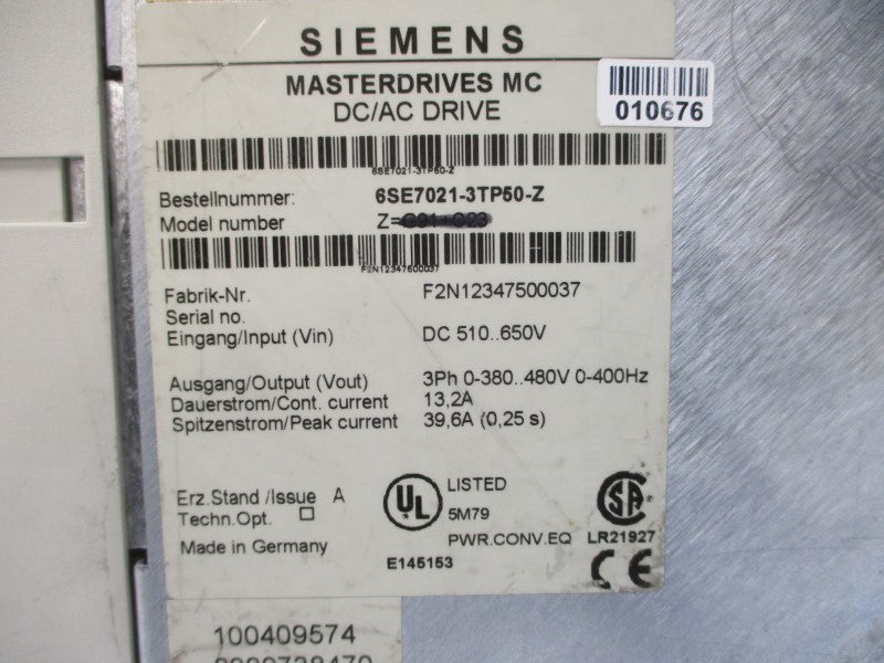 SIEMENS 6SE7021-3TP50-Z 510-650V 13.2A UNMP