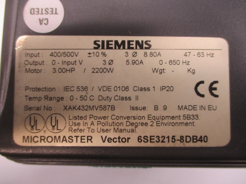 SIEMENS 6SE3215-8DB40 380/500V 8.80A (AS PICTURED1) UNMP