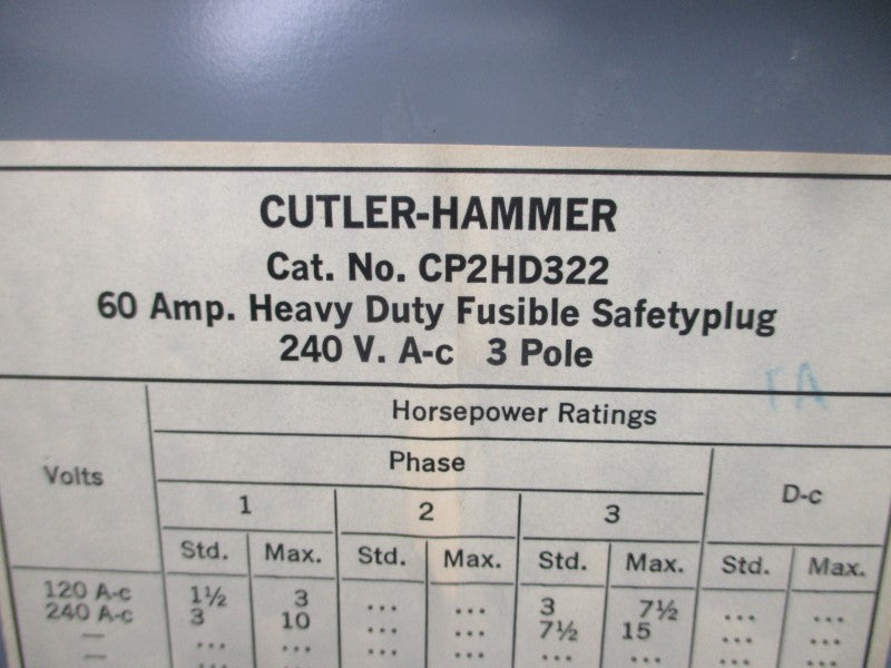 CUTLER HAMMER CP2HD322 240VAC 60A UNMP