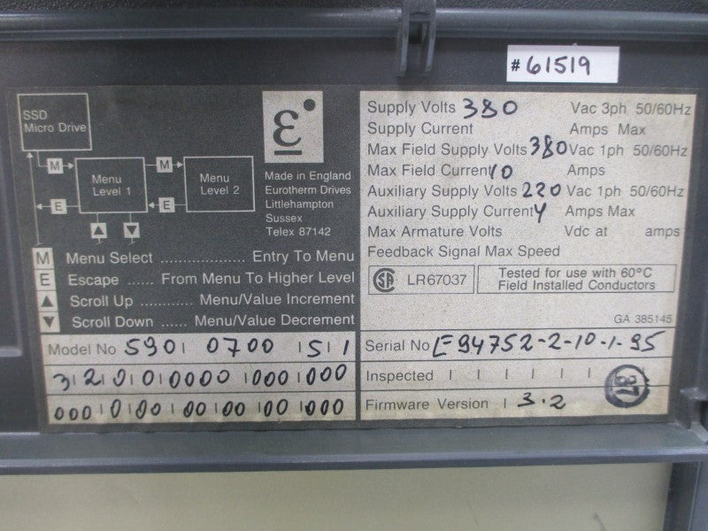 EUROTHERM 590/0700/5/13/2/0/0/0000/000/000000/0/00/00/00/00/000 F/W 3.2 380VAC 10A UNMP
