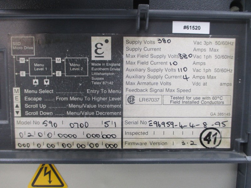 EUROTHERM 590/0700/5/1/0/2/0/0/0000/000/000/000/0/00/00/00/00/000 F/W 3.2 380VAC 10A UNMP