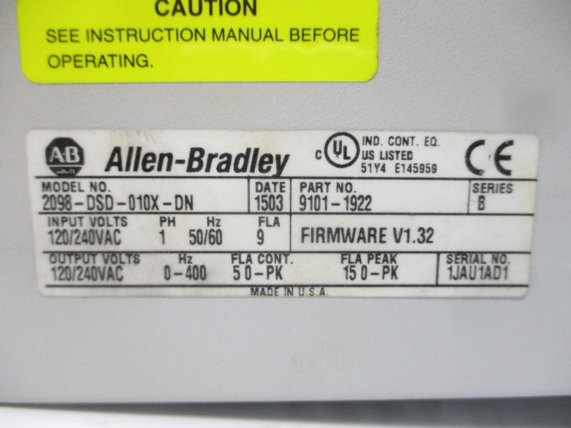 ALLEN BRADLEY 2098-DSD-010X-DN SER. B F/W V1.32 120/240VAC 9A UNMP