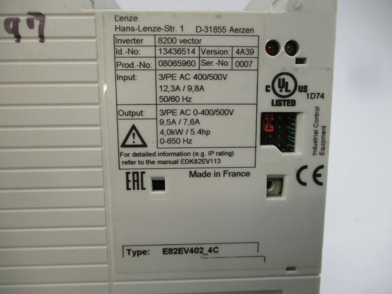 LENZE E82EV402-4C 13436514 400/500VAC 12.3/9.8A UNMP