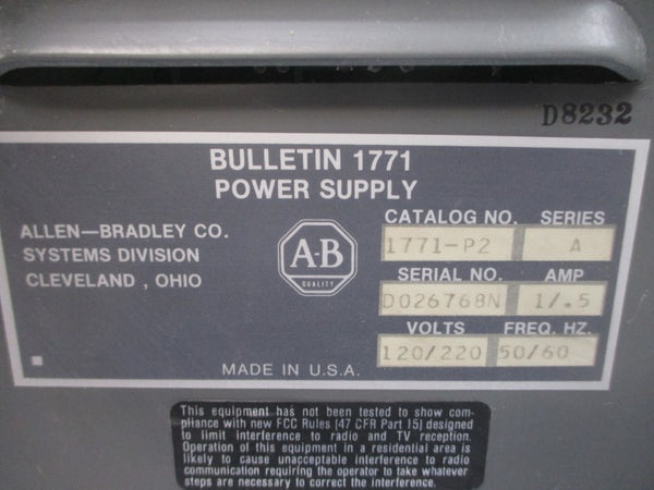 ALLEN BRADLEY 1771-P2 SER. A 120/220V 1/.5A F/W H UNMP