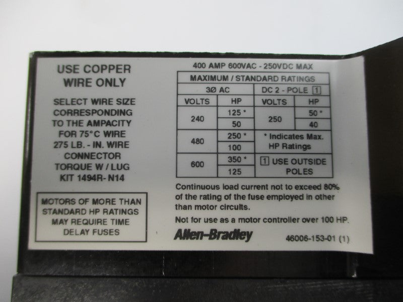 ALLEN BRADLEY 1494F-D400 SER. D 600VAC 400A (BR.WH) NSMP