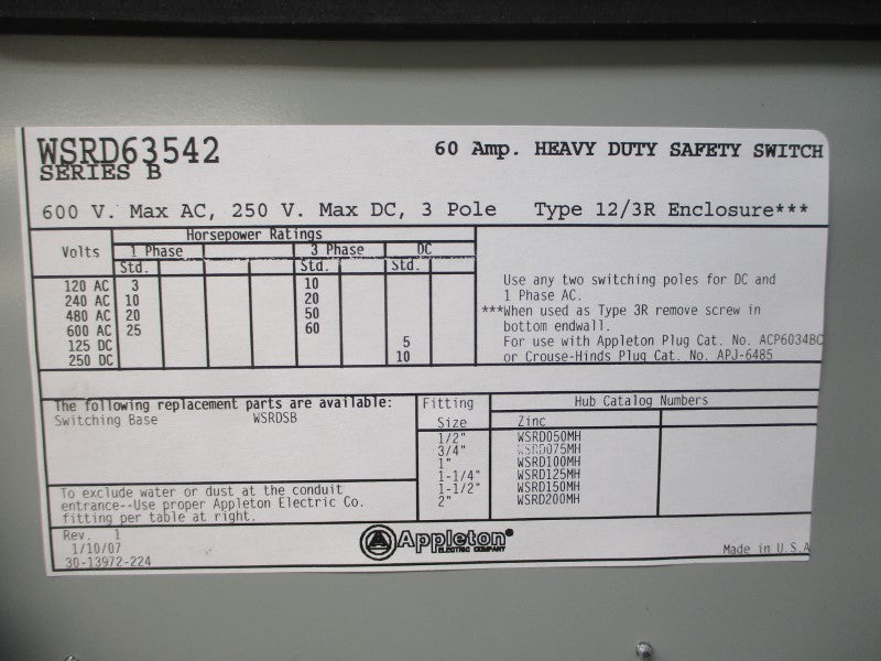 APPLETON WSRD63542 600VAC 60A NSMP