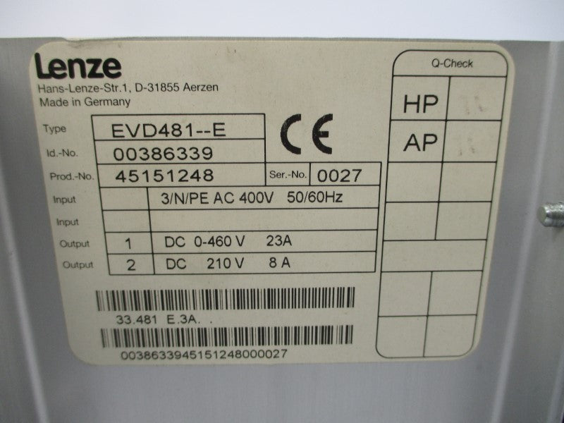 LENZE EVD481-E 00386339 400VAC 23A UNMP