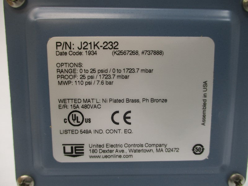 UNITED ELECTRIC J21K-232 480VAC 15A 0-25PSI NSMP