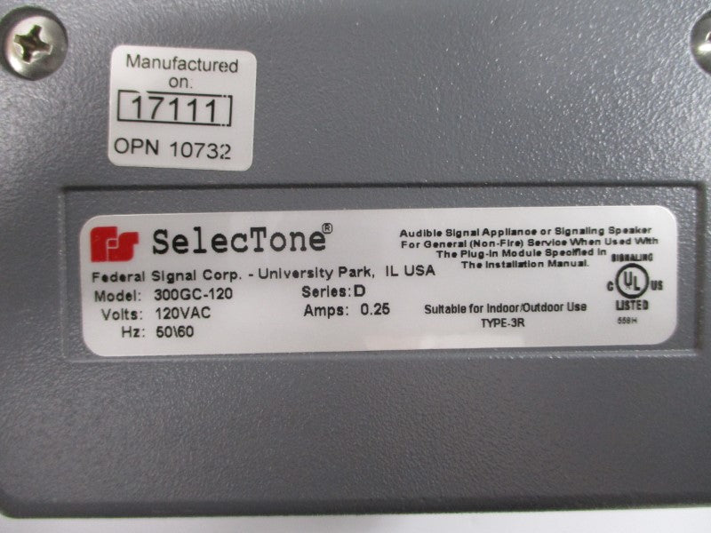 FEDERAL SIGNAL 300GC-120 SER. D 120VAC 0.25A NSMP