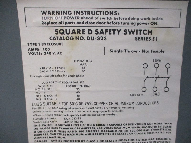 SQUARE D DU-323 SER. E1 240VAC 100A UNMP