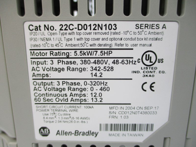 ALLEN BRADLEY 22C-D012N103 SER. A F/W 1.03 342-528VAC 14.2A NSMP