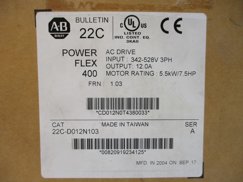 ALLEN BRADLEY 22C-D012N103 SER. A F/W 1.03 342-528VAC 14.2A NSMP