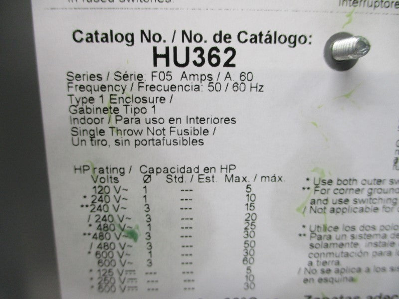 SQUARE D HU362 SER. F05 600VAC 60A NSMP