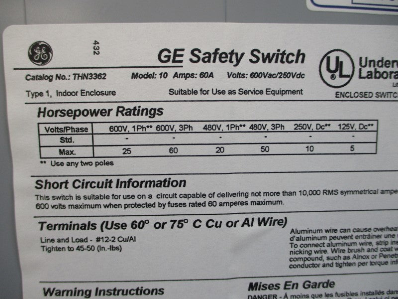 GENERAL ELECTRIC THN3362 600VAC 60A NSMP