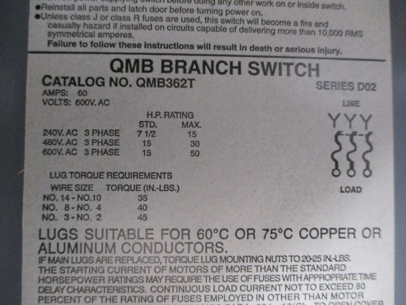 SQUARE D QMB362T SER. D2 600VAC 60A NSMP