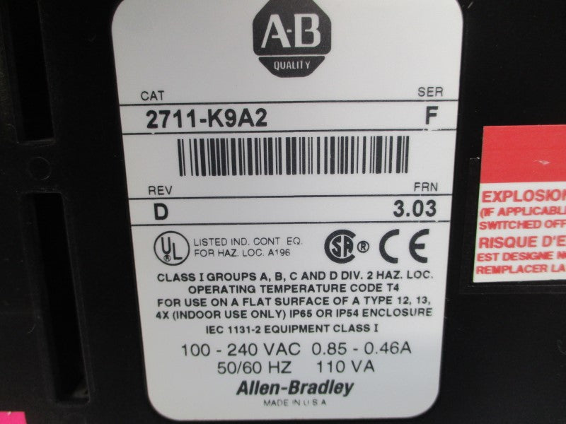 ALLEN BRADLEY 2711-K9A2 SER. F F/W 3.03 100-240VAC 0.85-0.46A NSNP