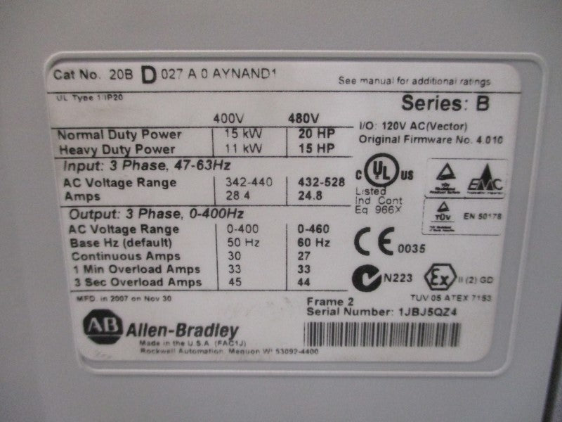 ALLEN BRADLEY 20BD027A0AYNAND1 SER. B F/W 4.010 480VAC 24.8A UNMP