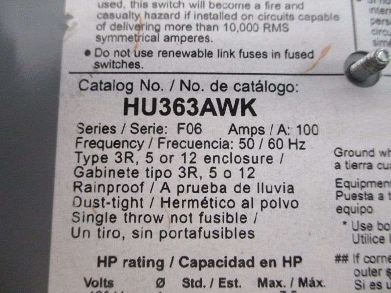 SQUARE D HU363AWK SER. F06 600VAC 100A NSMP