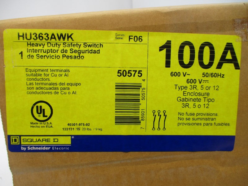 SQUARE D HU363AWK SER. F06 600VAC 100A NSMP