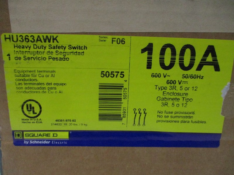 SQUARE D HU363AWK SER. F06 600V 100A NSFS