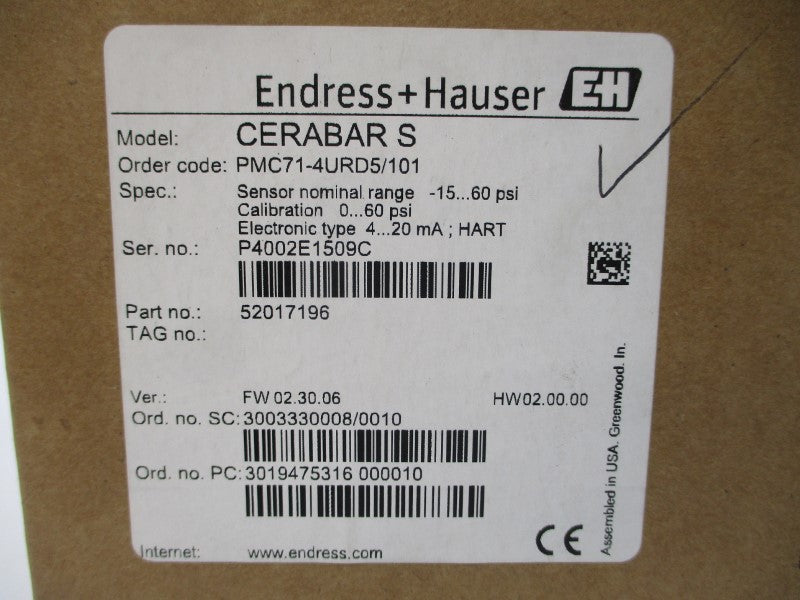 ENDRESS+HAUSER CERABAR S PMC71-4URD5/101 -15-60PSI NSFS