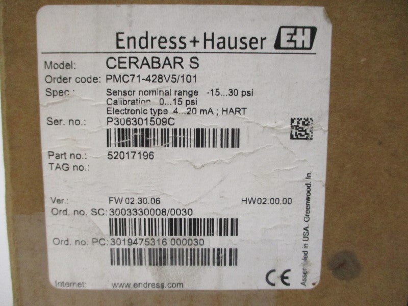 ENDRESS+HAUSER CERABAR S PMC71-428V5/101 11.5-30VDC -15-30PSI NSMP