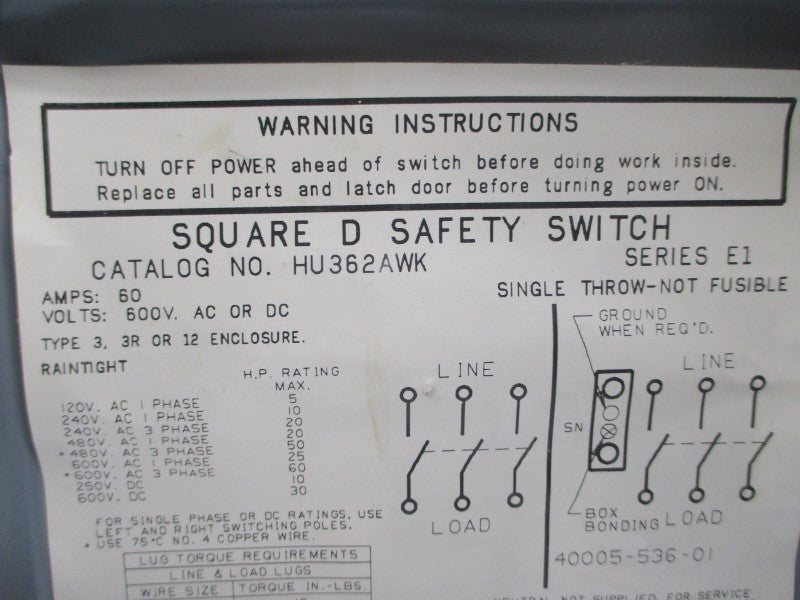 SQUARE D HU362AWK SER. E1 600VAC 60A UNMP