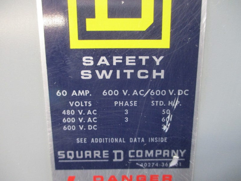 SQUARE D HU362AWK SER. E1 600VAC 60A UNMP