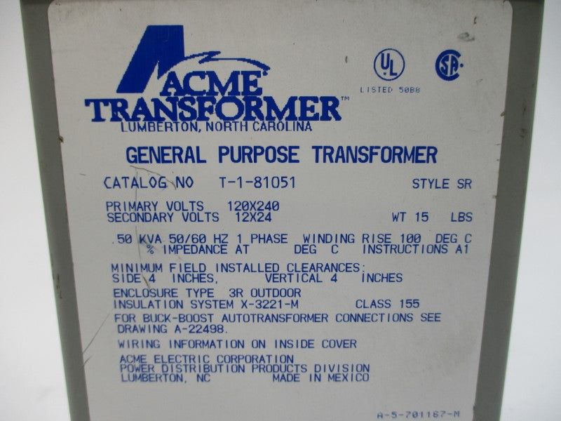 ACME TRANSFORMER T-1-81051 120/240V 50KVA NSNP