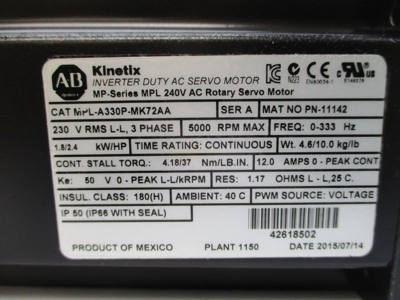 ALLEN BRADLEY MPL-A330P-MK72AA SER. A 240VAC 12.0A NSMP