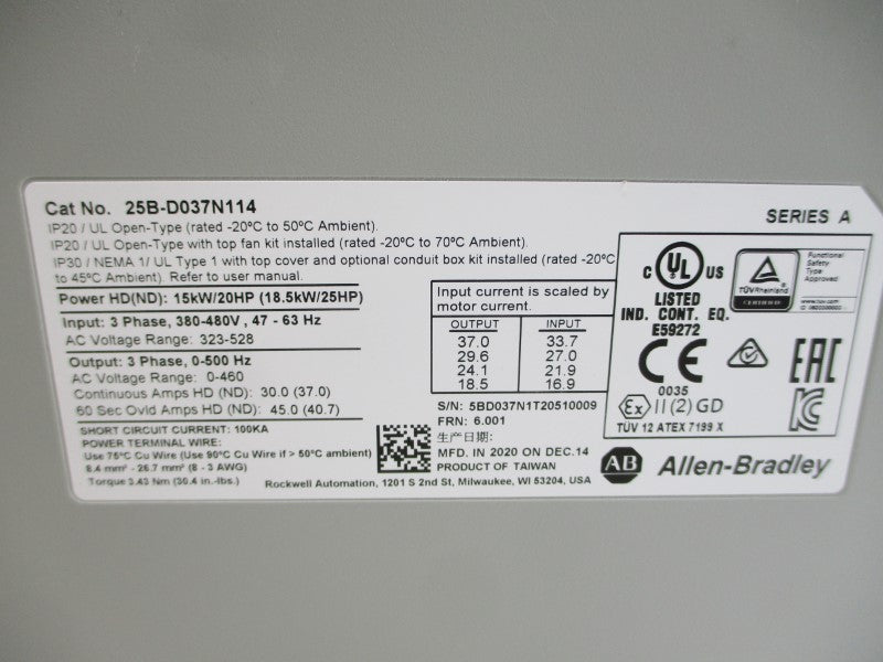 ALLEN BRADLEY 25B-D037N114 SER. A F/W 6.001 323-528VAC NSMP