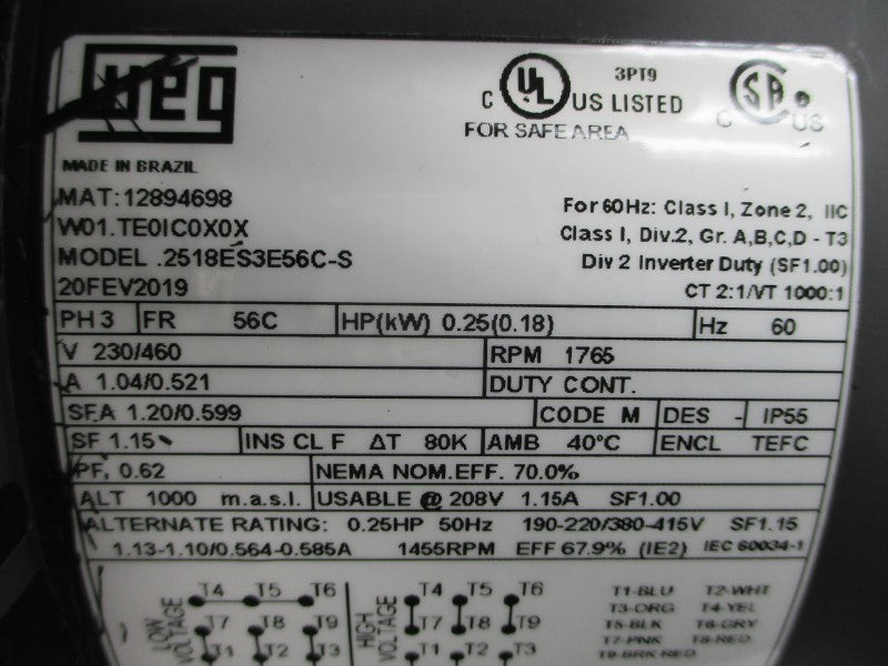 WEG 12894698 2518ES3E56C-S 230/460V 1.04/0.521A NSMP