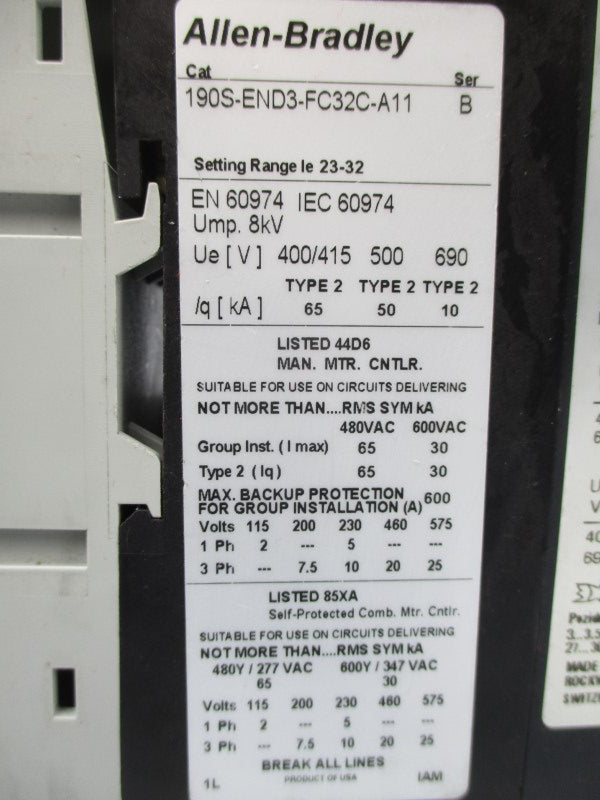 ALLEN BRADLEY 190S-END3-FC32C-A11 SER. B 110/120V 23-32A NSNP