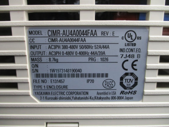 YASKAWA ELECTRIC CIMR-AU4A0044FAA REV. E 380-480VAC 52/44A NSNP