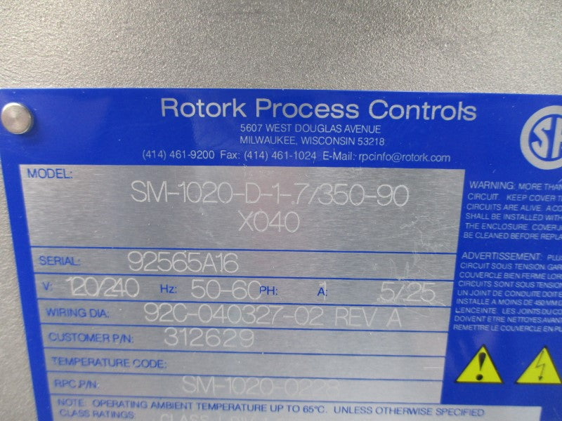 ROTORK PROCESS CONTROLS SM-1020-0228 SM-1020-D-1-.7/350-90X040 REV. A 120/240 NSNP