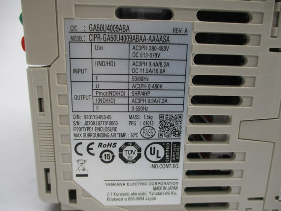 YASKAWA CIPR-GA50U4009ABAA-AAAASA 380-480VAC 9.4/8.2A REV. A NSMP