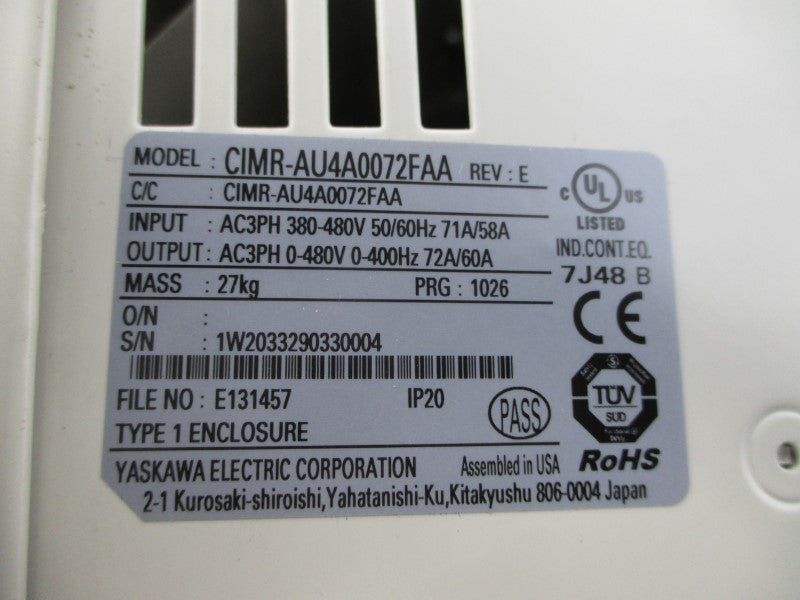 YASKAWA CIMR-AU4A0072FAA 380-480VAC 71/58A REV. E (AS PICTURED) UNMP