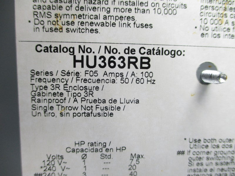 SQUARE D HU363RB SER. F05 600V 100A NSMP