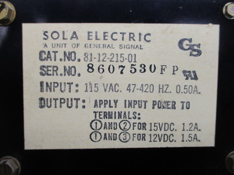 SOLA 81-12-215-01 115VAC 0.50A UNMP