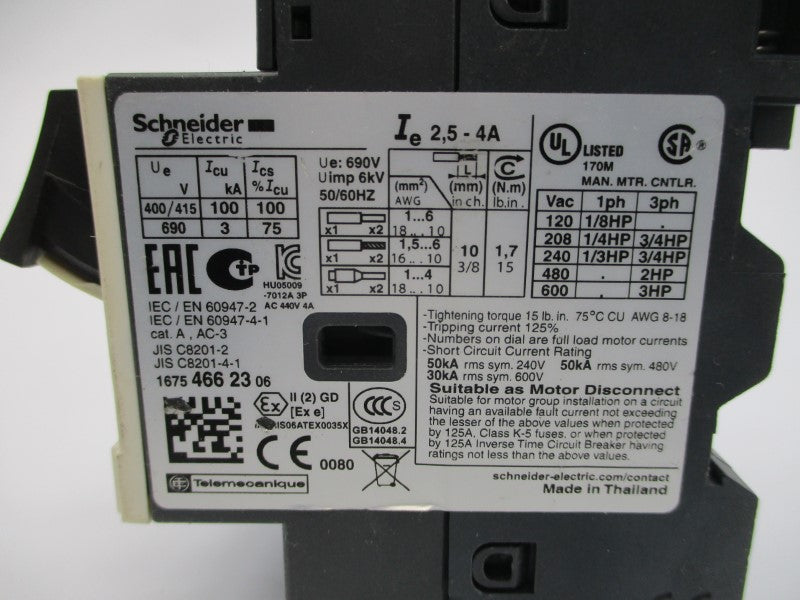 SCHNEIDER ELECTRIC GV2ME08 690V 2.5-4A (AS PICTURED) NSNP