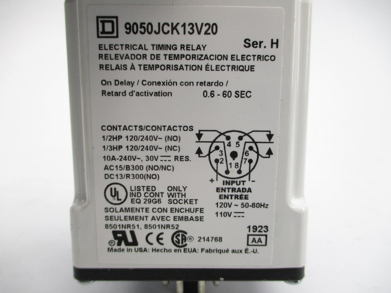 SQUARE D 9050JCK13V20 SER. H 0.6-60SEC 110/120V 10A NSMP