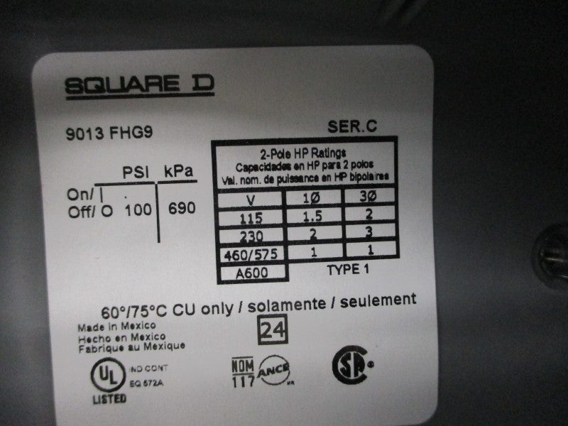 SQUARE D 9013FHG9J27 SER. C 460/575V 100PSI NSMP
