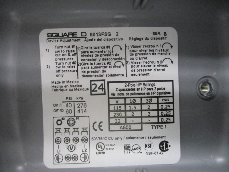 SQUARE D 9013FSG2J24M1 SER. B 115/230V 40/50PSI NSMP