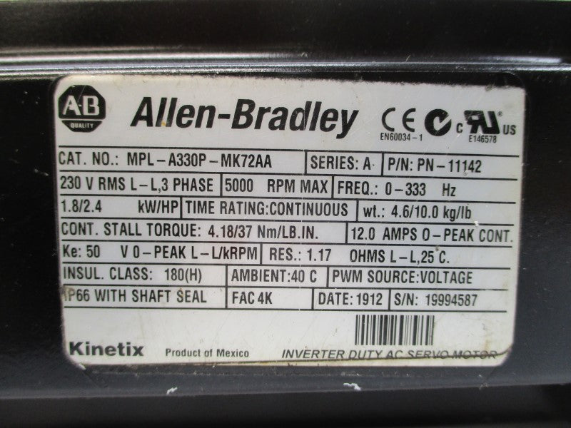 ALLEN BRADLEY MPL-A330P-MK72AA SER. A 230VAC 12.0A REMAN