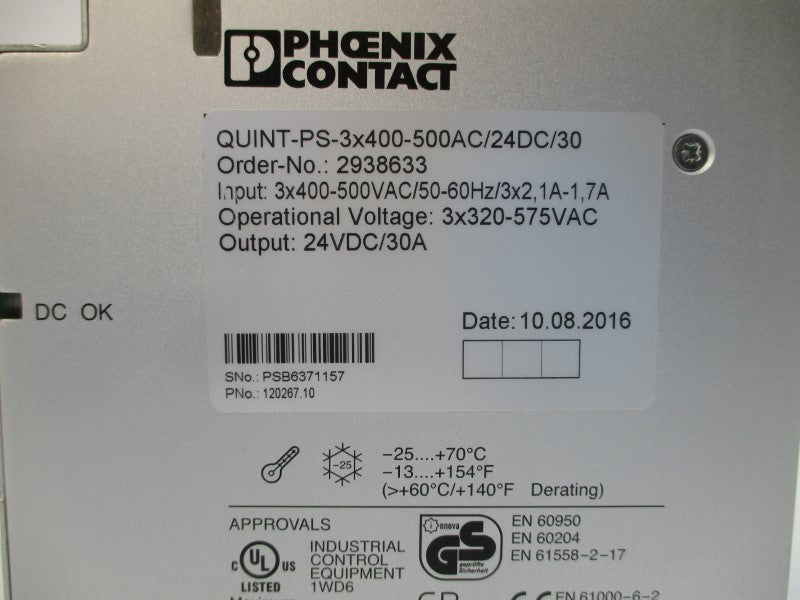 PHOENIX CONTACT 2938633 QUINT-PS-3X400/500AC/24DC/30 400-500VAC 1-1.7A NSMP